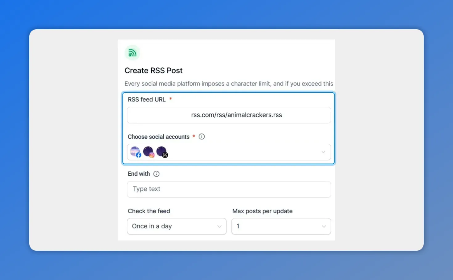 Create RSS Post form showing an RSS feed URL field and a 'Choose social accounts' selector.