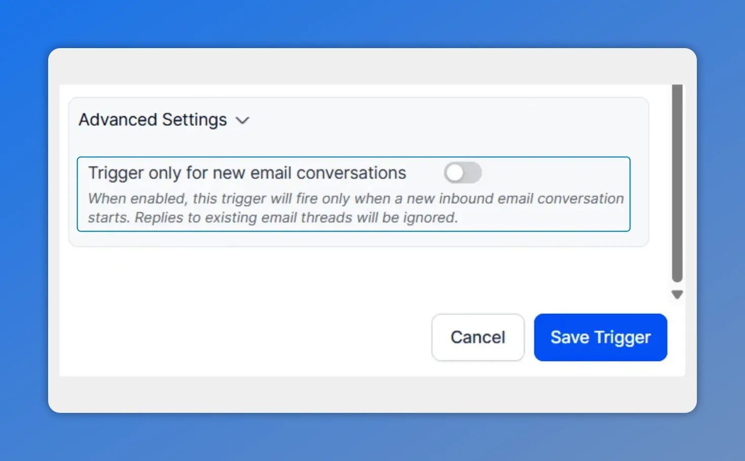 Advanced settings toggle for “Trigger only for new email conversations” in the inbound email workflow