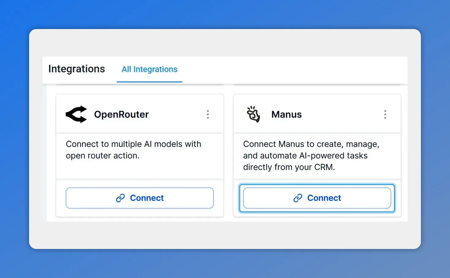 Pinnacle integrations view showing Manus integration card with Connect button highlighted