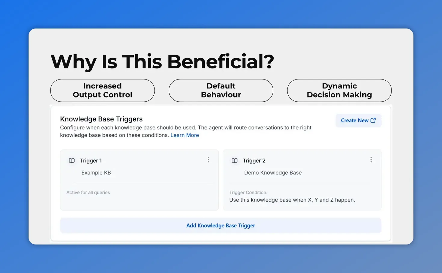Screenshot of Knowledge Base triggers in Pinnacle showing trigger cards and example conditions