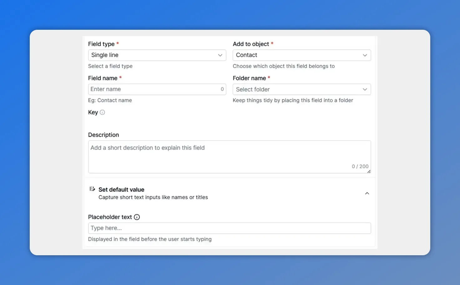 Custom field setup form showing field type, field name, object, folder, description, and placeholder
