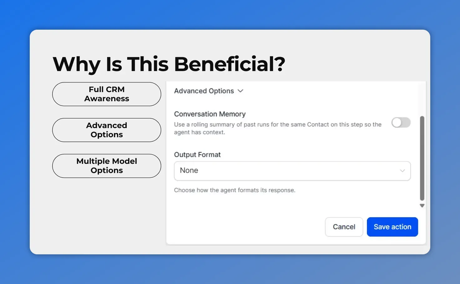 Pinnacle AI Agent advanced options panel showing conversation memory and output format settings
