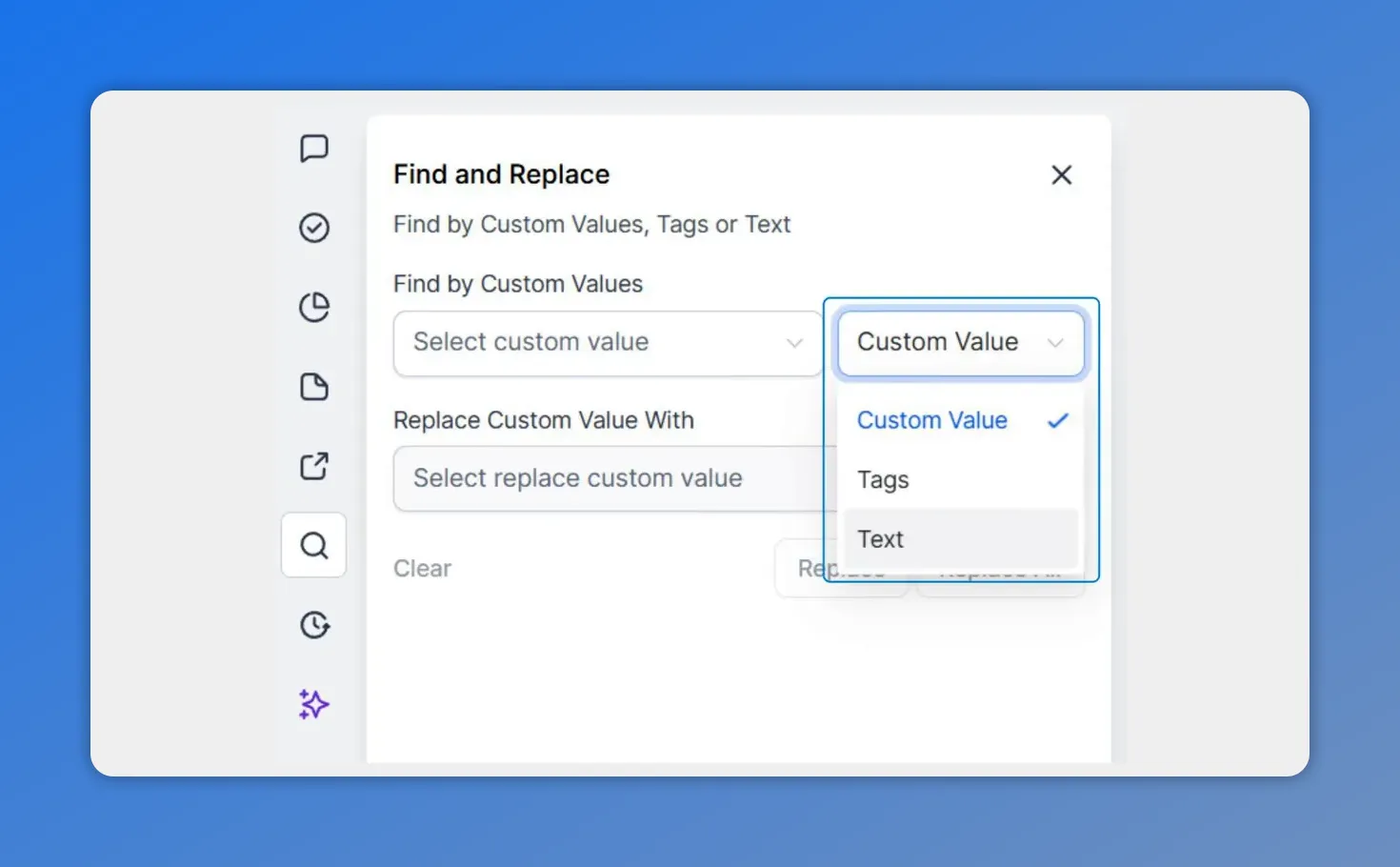Find and Replace dialog in Pinnacle with options to search by custom values, tags, or text