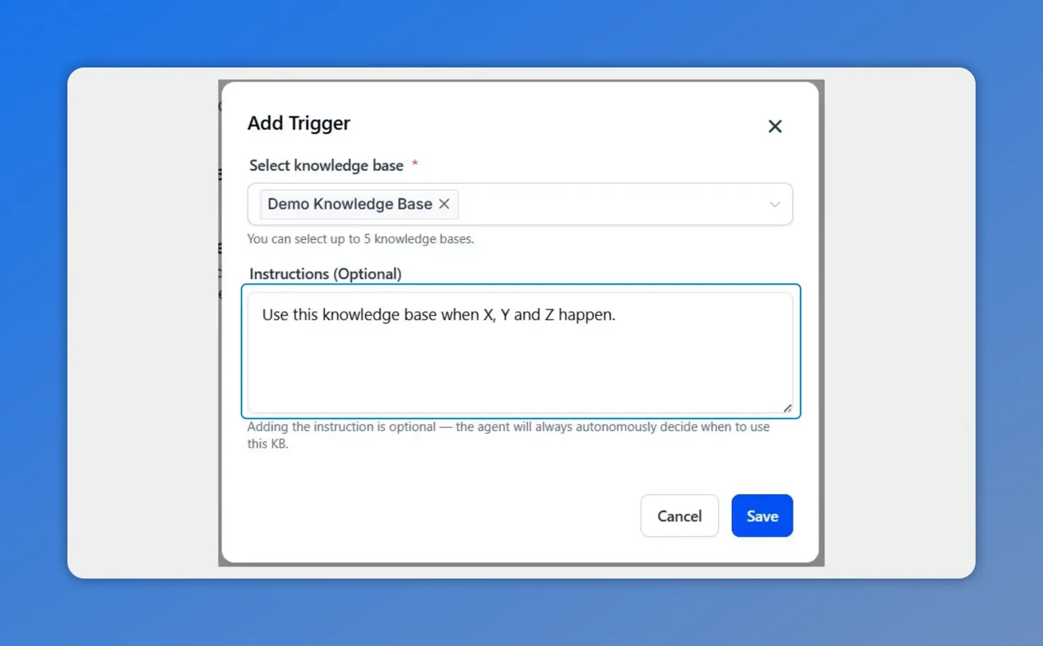 Pinnacle Add Trigger modal showing optional instructions for a knowledge base trigger