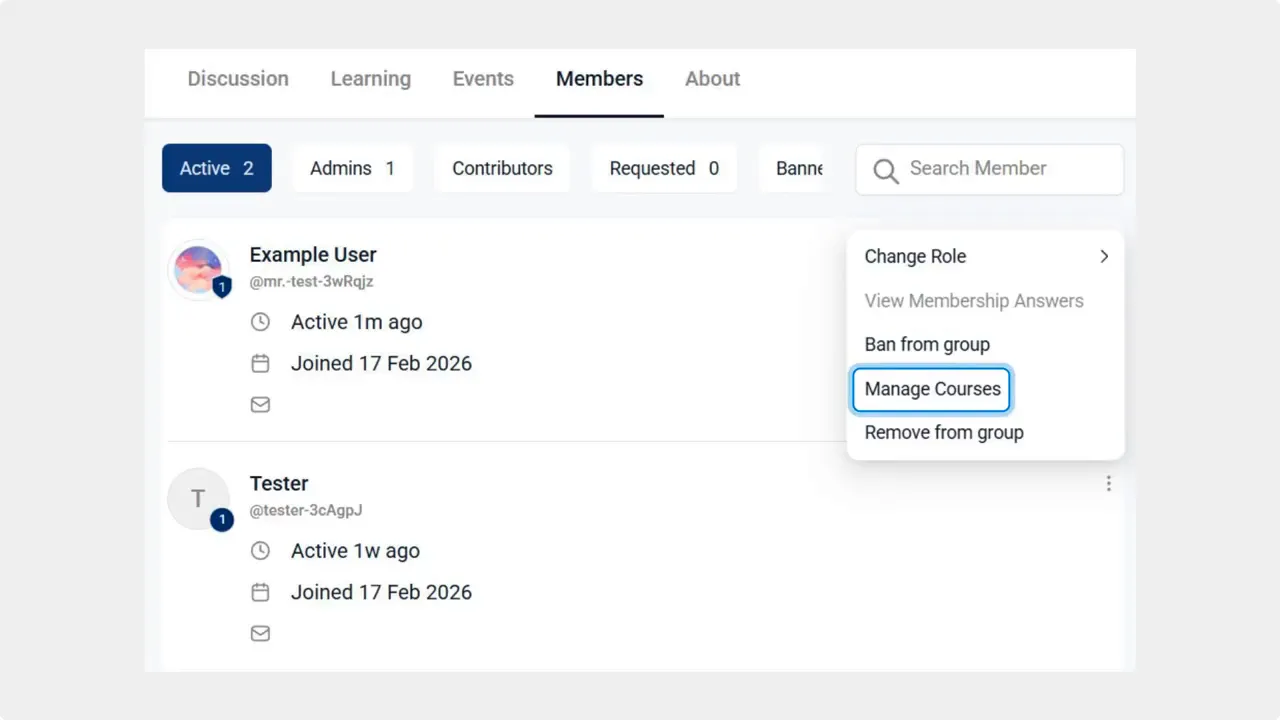 Members tab showing a member row and the three-dot menu with 'Manage Courses' option highlighted