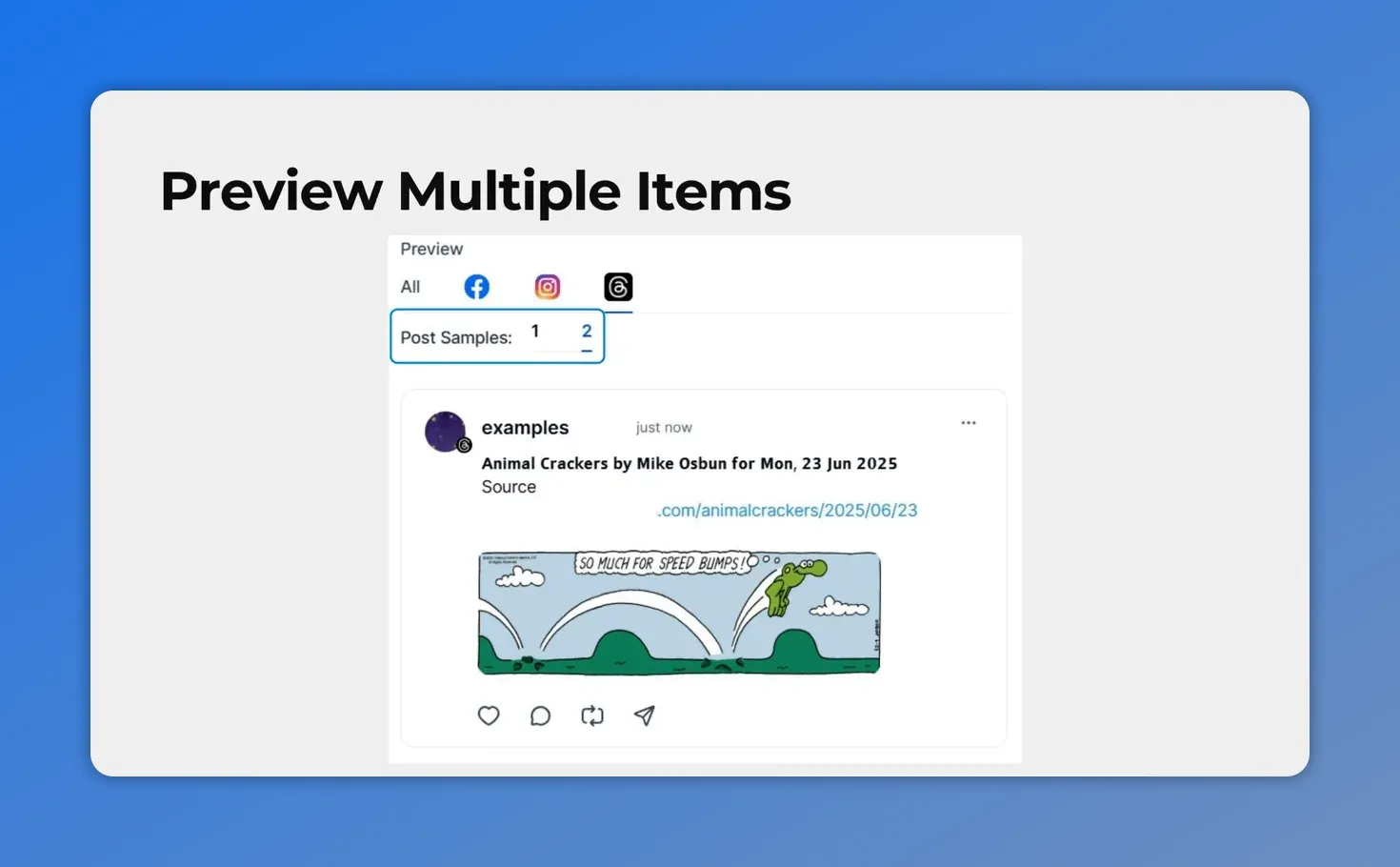 Social Planner preview interface showing platform icons (Facebook, Instagram, Threads) and a sample post with headline, link and image