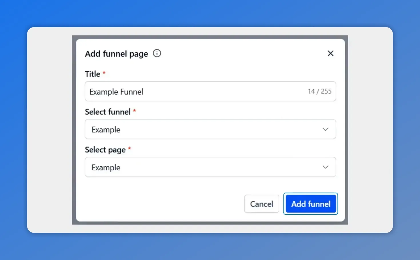 Add funnel page modal in Pinnacle with title, selected funnel, and selected page fields
