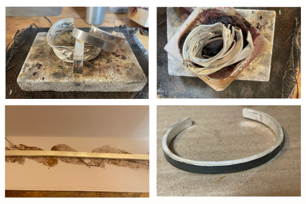 The making of a handmade sterling silver cuff bracelet using reclaimed family silver and preserved leaf lace. From melting and refining the silver to creating delicate botanical textures, the finished piece became a unique 75th birthday gift and modern family heirloom.