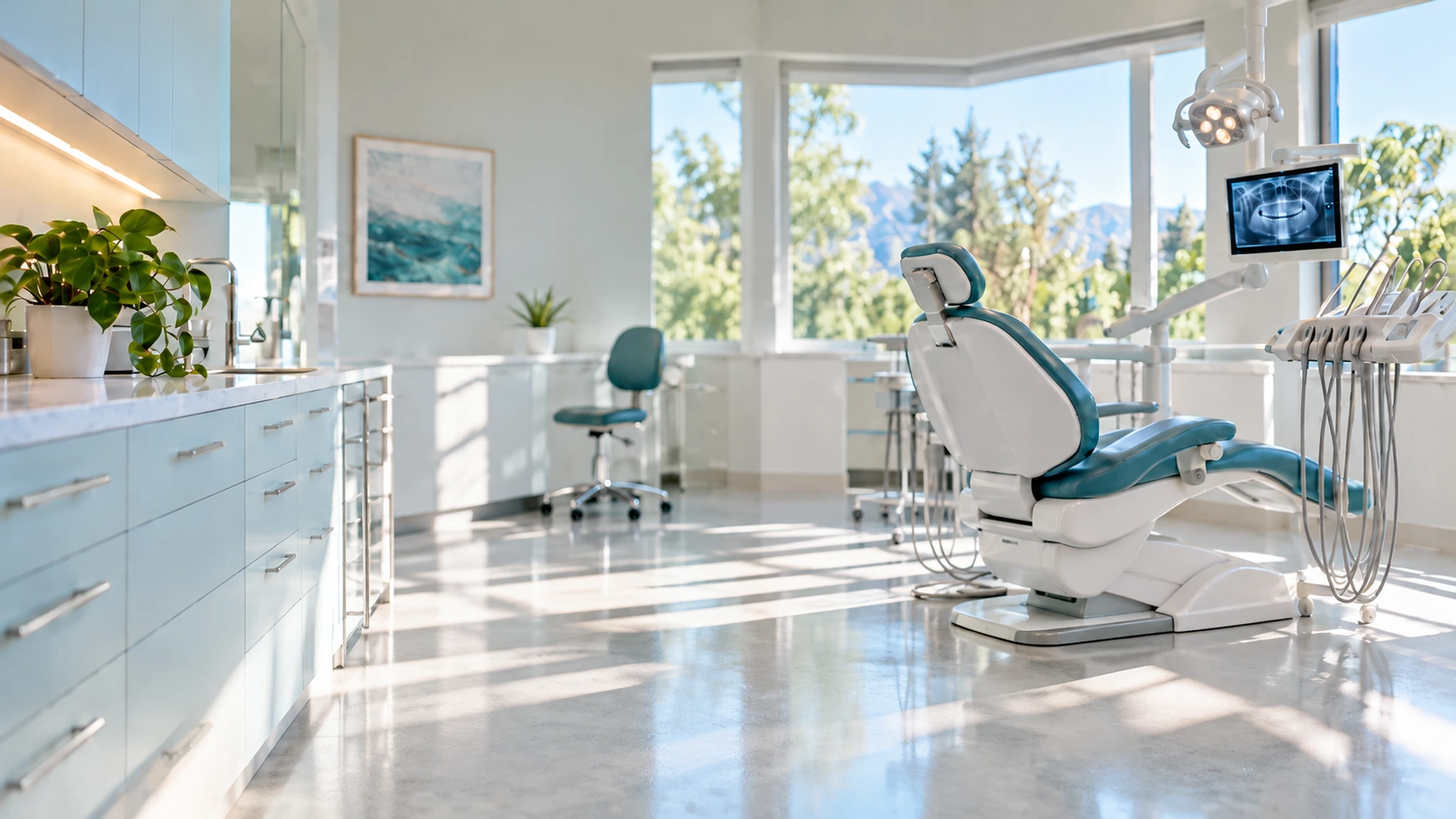 A bright treatment room at Relaxation Dental with a dental chair beside large windows