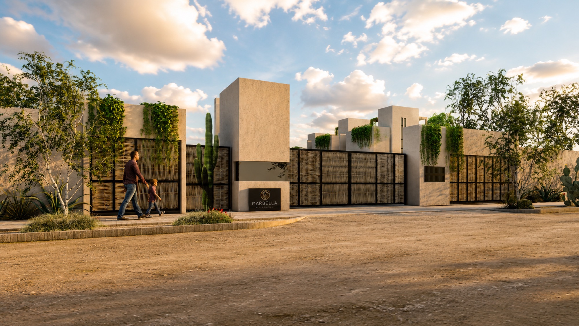 Familia caminando hacia el acceso controlado de Marbella Residencial