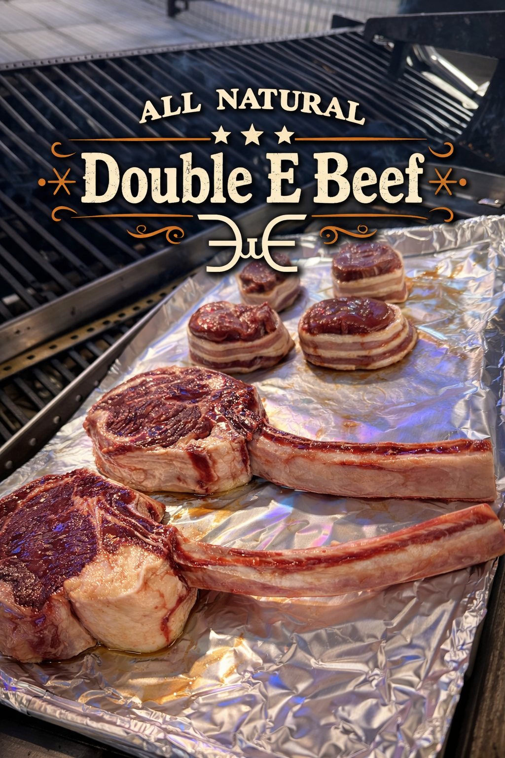 Double E Beef grilling and prepared steaks on aluminum tray, showcasing the Double E Lifestyle