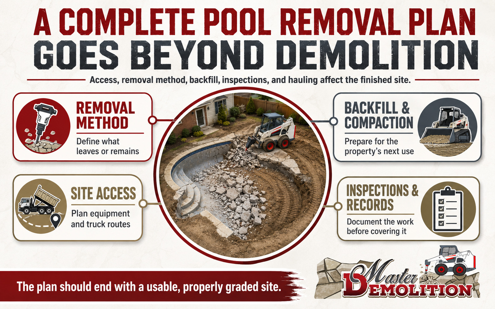 Pool removal planning guide covering demolition method, site access, backfill, compaction, inspections, and records.