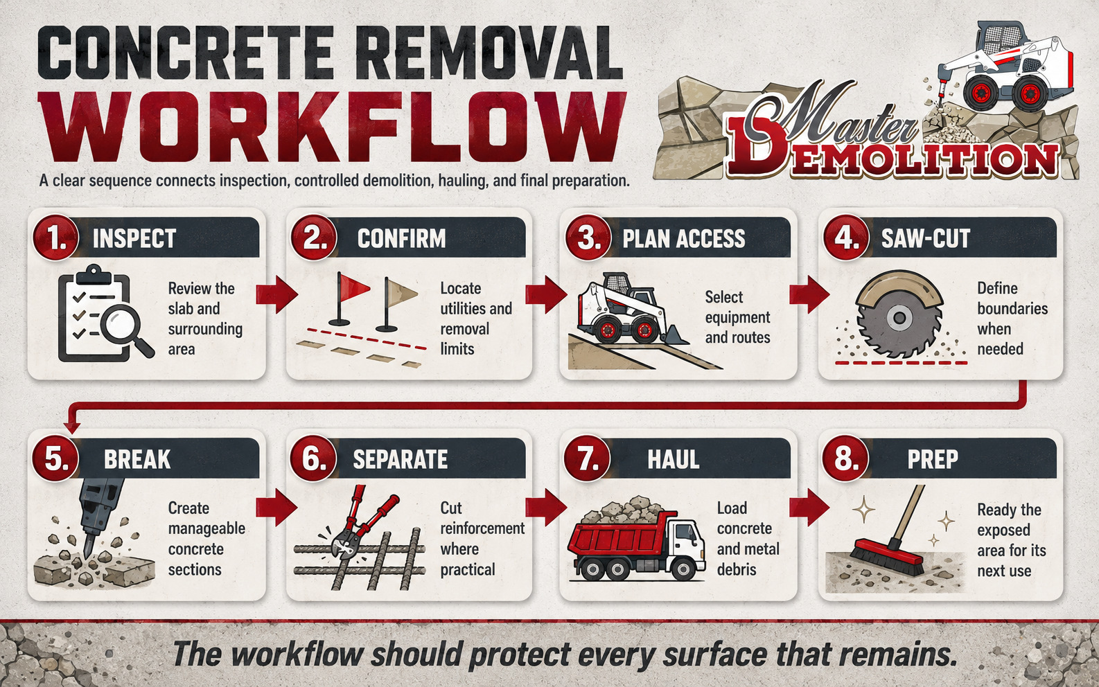  Eight-step concrete removal workflow from slab inspection and saw-cutting through debris hauling and site preparation.