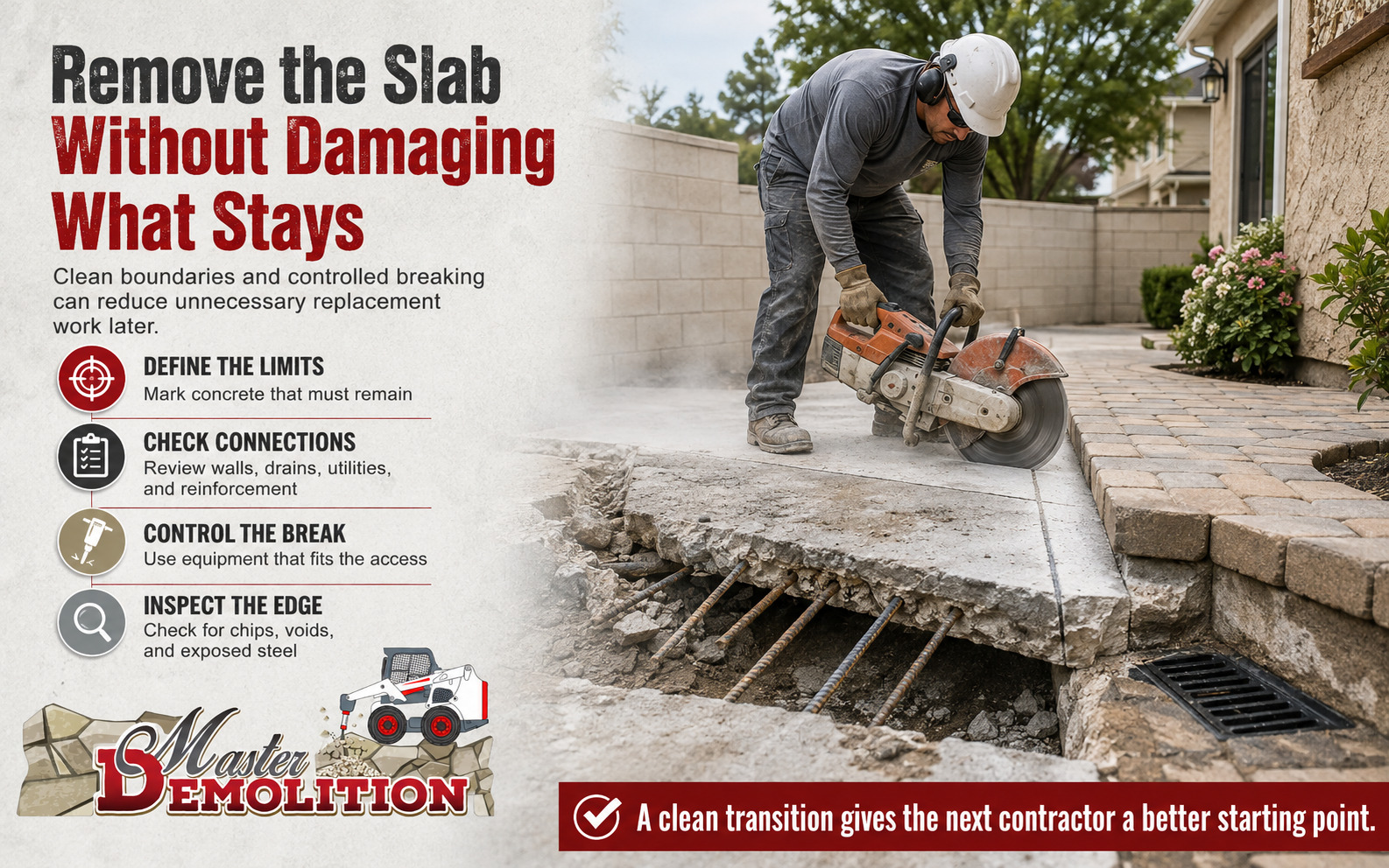 Worker saw-cutting a concrete slab while protecting nearby pavers, walls, drains, landscaping, and retained surfaces.