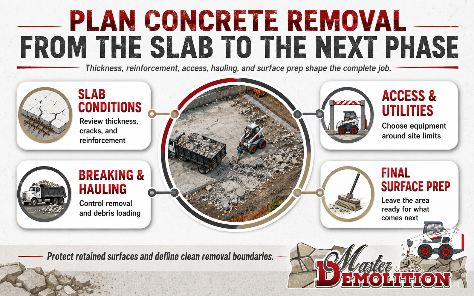 Concrete removal guide covering slab conditions, access, utilities, demolition, hauling, and final surface preparation.
