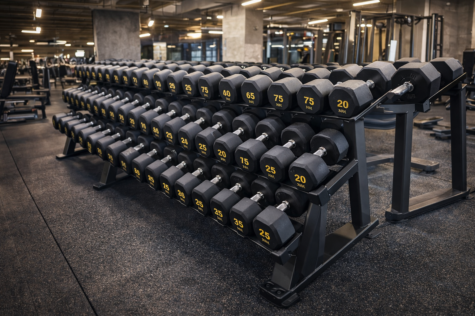 Una zona de mancuernas bien organizada mejora la experiencia del cliente y optimiza el uso del espacio.