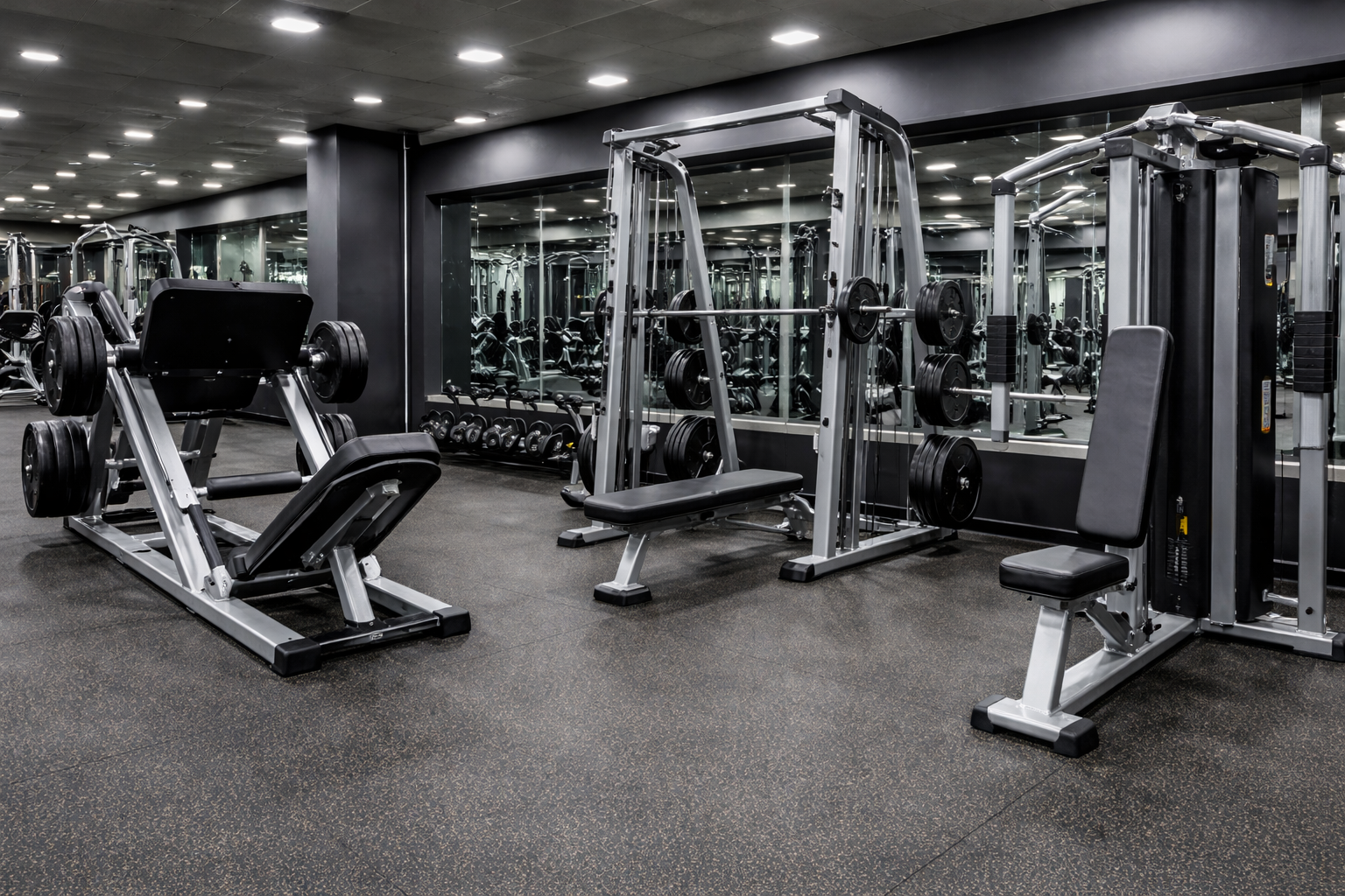 Zona de máquinas de fuerza en gimnasio, con leg press, Smith machine y peck deck en un ambiente moderno