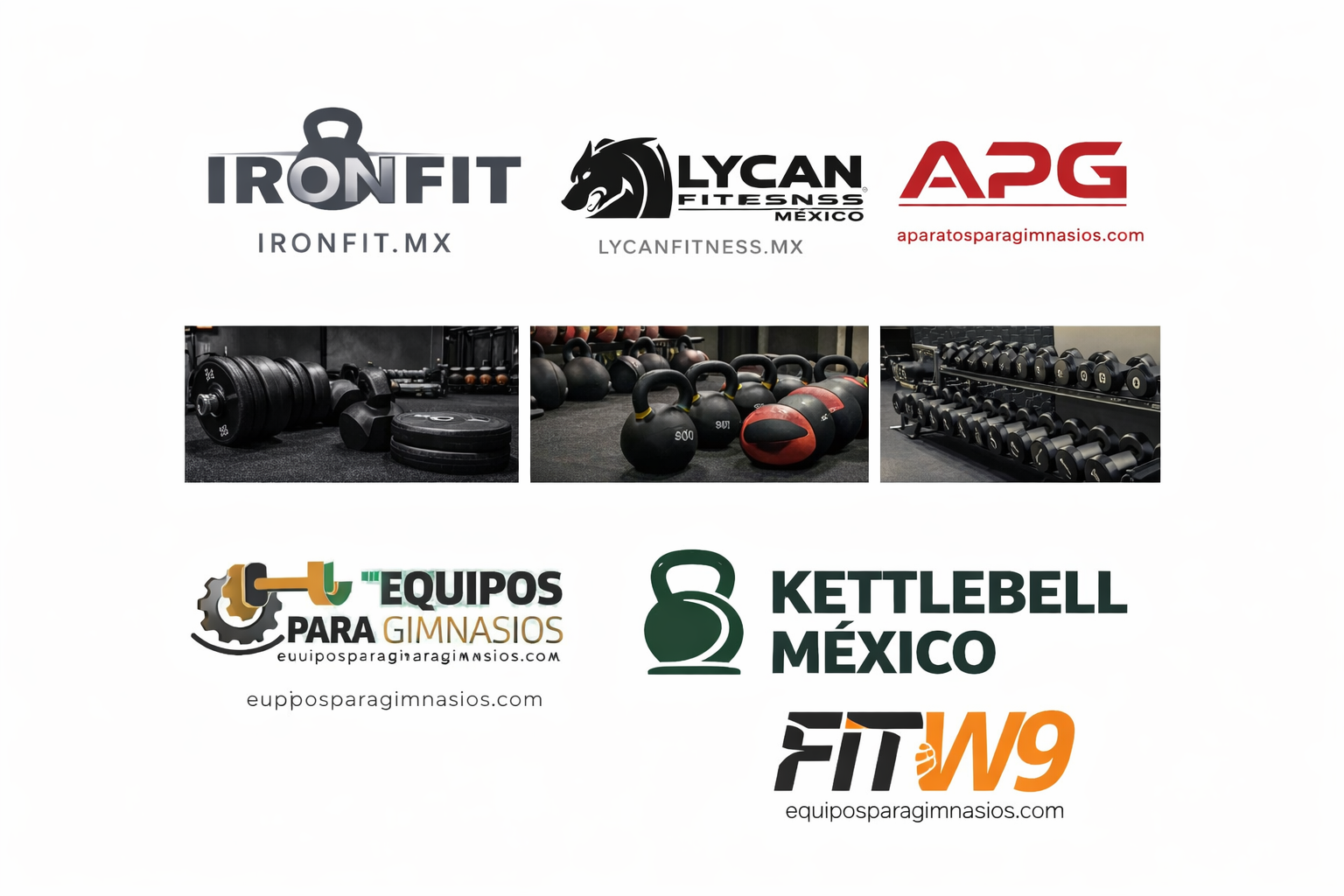 Imagen con los logos de proveedores de equipos para gimnasio en México, incluyendo IronFit, Lycan Fitness, APG, Kettlebell México y FitW9, con enlaces a sus páginas web.