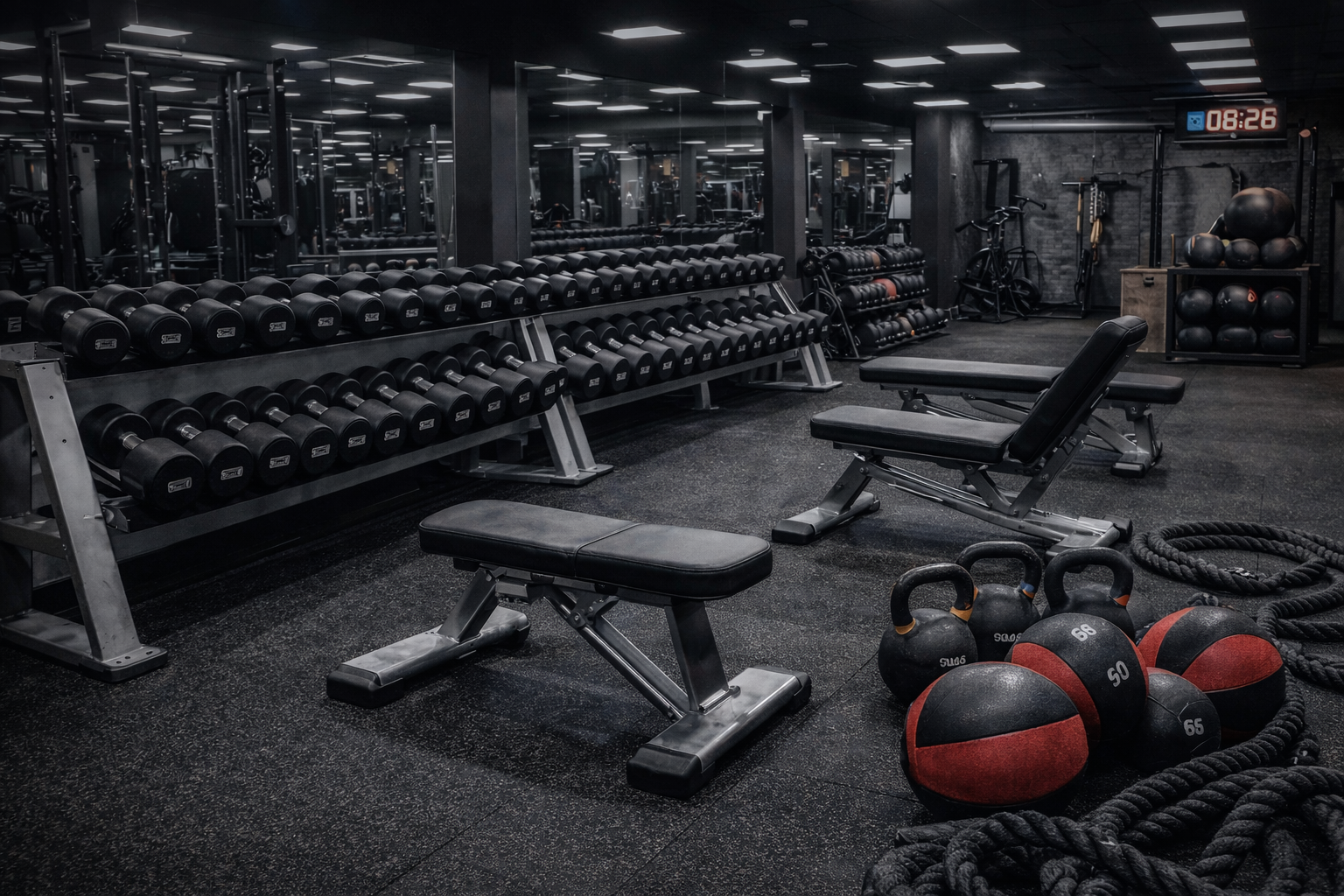 Imagen de un gimnasio que combina pesas y entrenamiento funcional, con un ambiente moderno, iluminado de manera profesional y equipo de alta calidad como mancuernas, kettlebells, slam balls, y más.