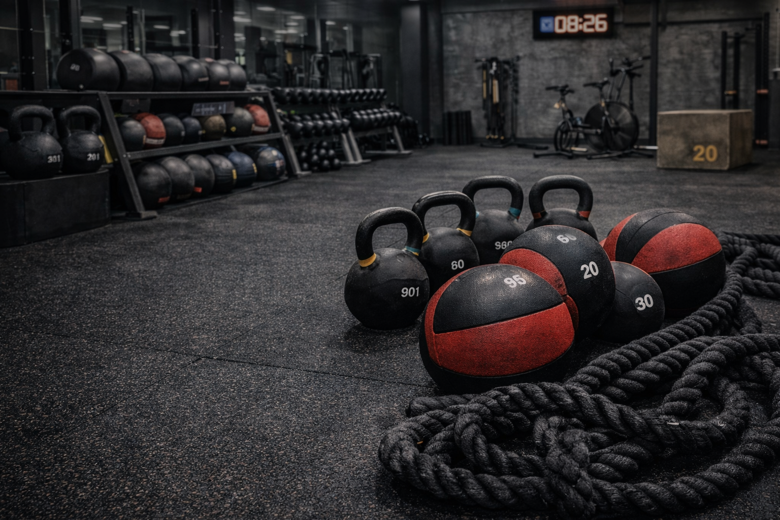 Imagen de un gimnasio con equipos funcionales como kettlebells, slam balls y cuerdas (battle ropes) dispuestos para entrenamiento de potencia y resistencia.