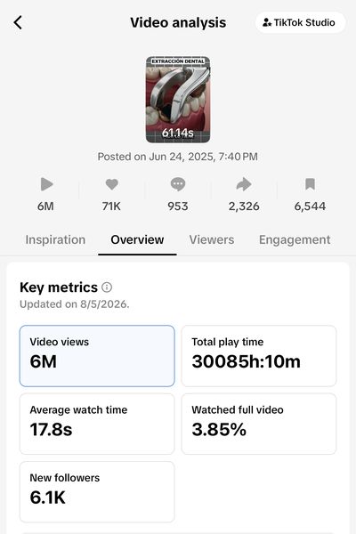 Panel de TikTok: 6 millones de vistas, 71 mil likes, 6.1 mil seguidores nuevos