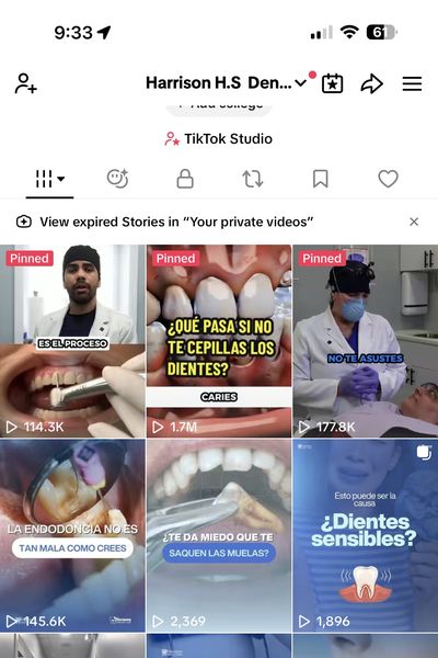 Perfil de TikTok de la clínica con videos de 1.7M, 984K y 177K vistas
