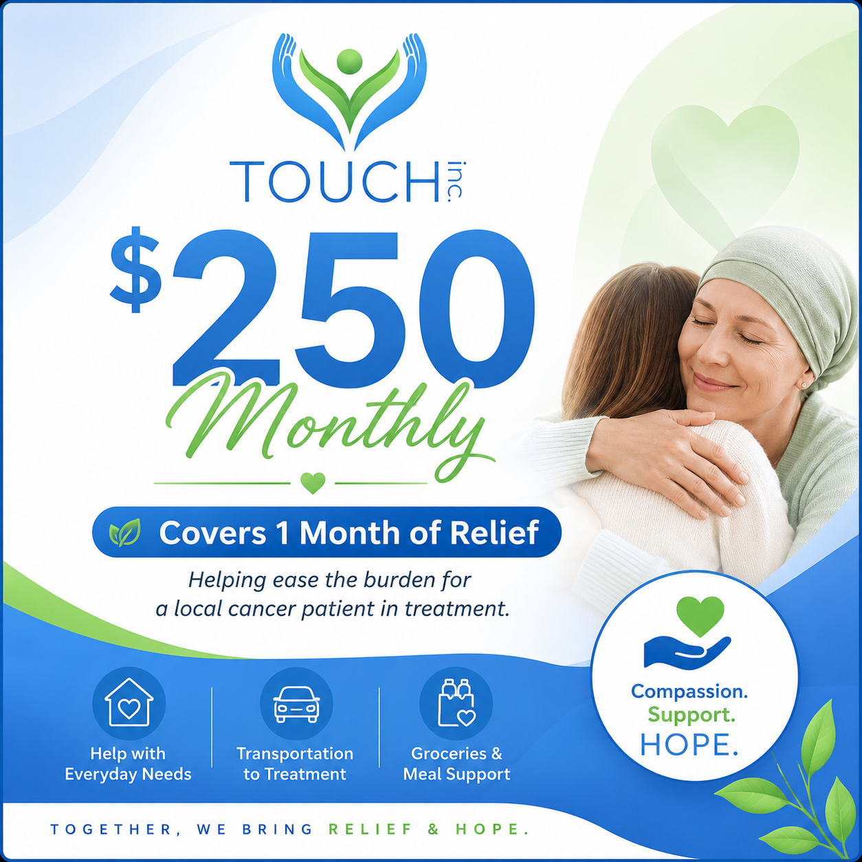 Monthly $250 donation to TOUCH Inc.