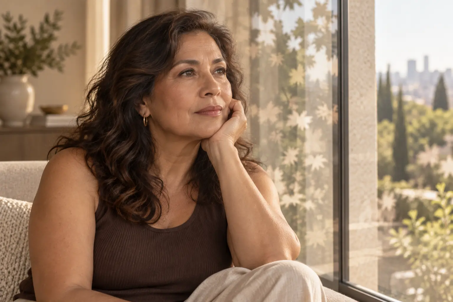 Mujer madura reflexionando cerca de una ventana