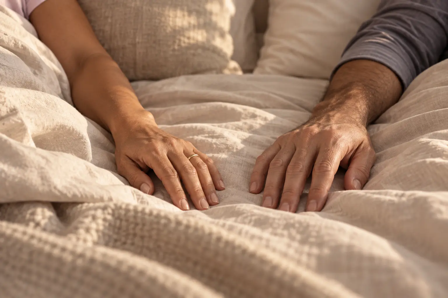 Manos de una pareja madura descansando sobre la cama