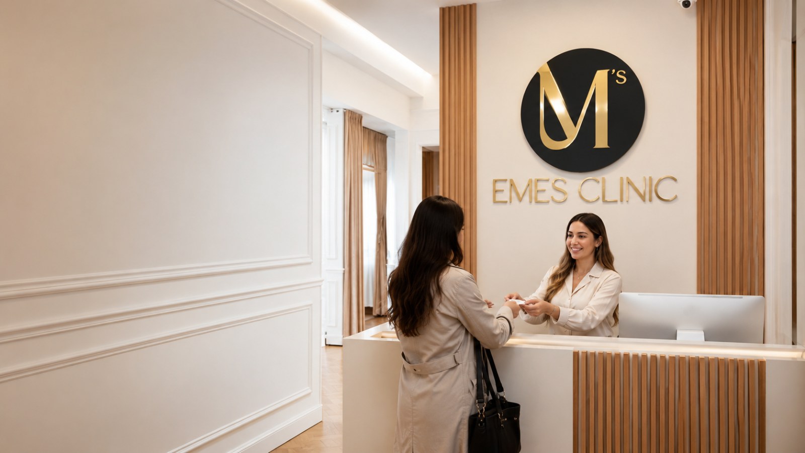 Recepción de EMES Clinic — recepcionista atendiendo a una clienta