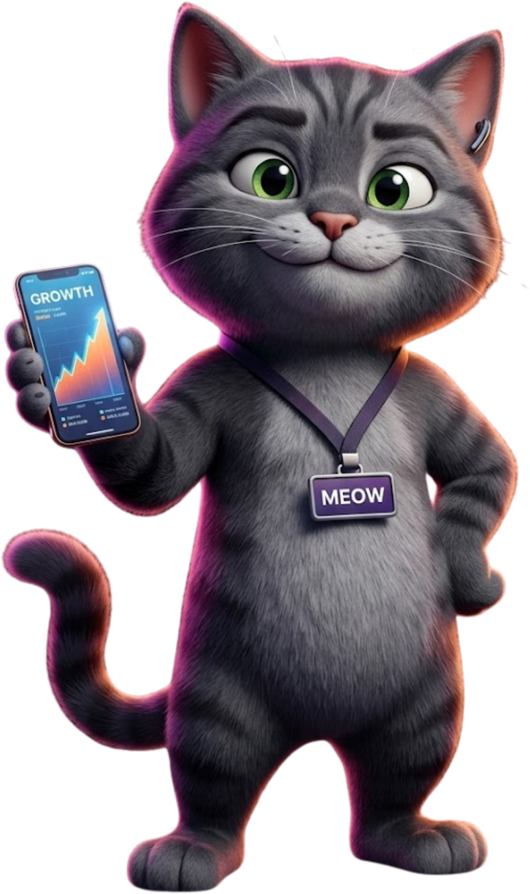 Meowketing mascot — a confident 3D cat in a marketing studio