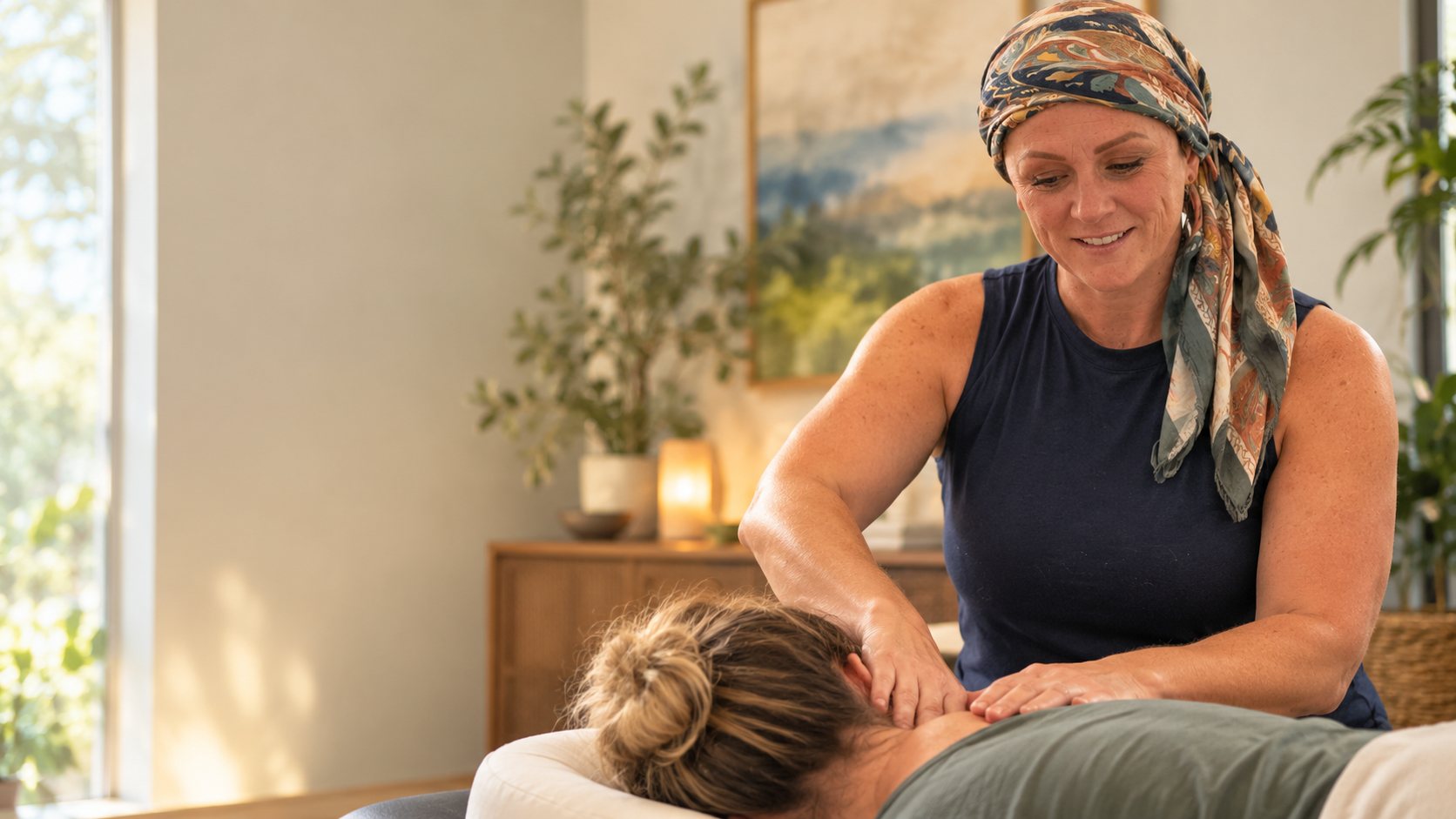 Mary McCrae working on a client’s neck and shoulders in a sunlit treatment room