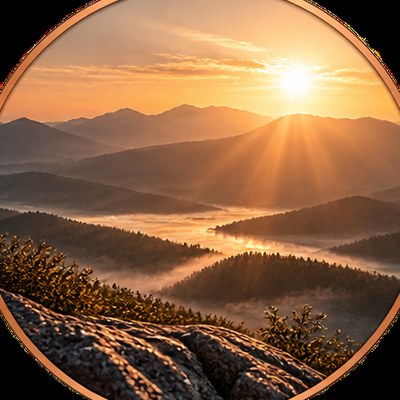 Sunrise over misty mountain ridges