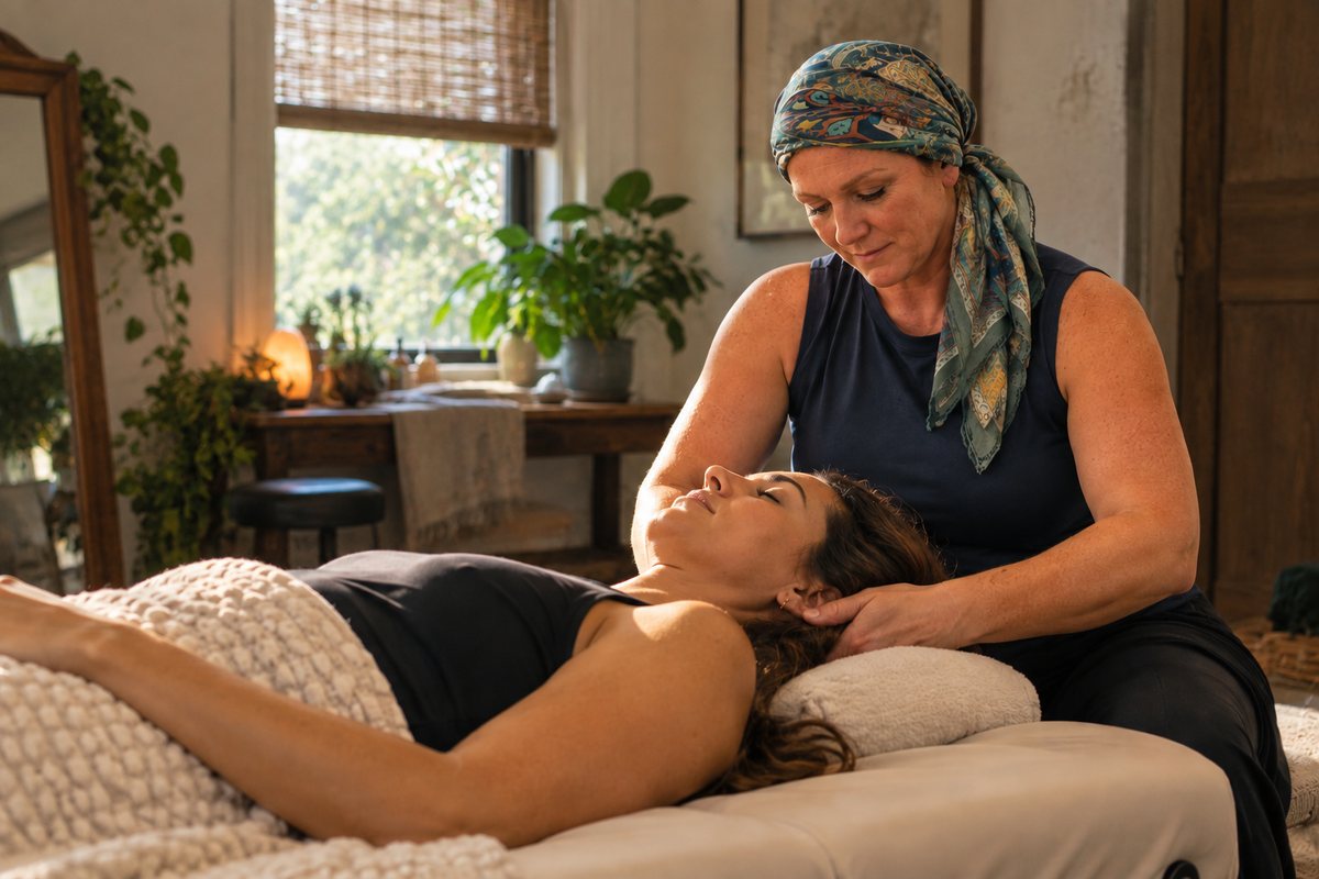 Mary supporting a client’s neck during a private session