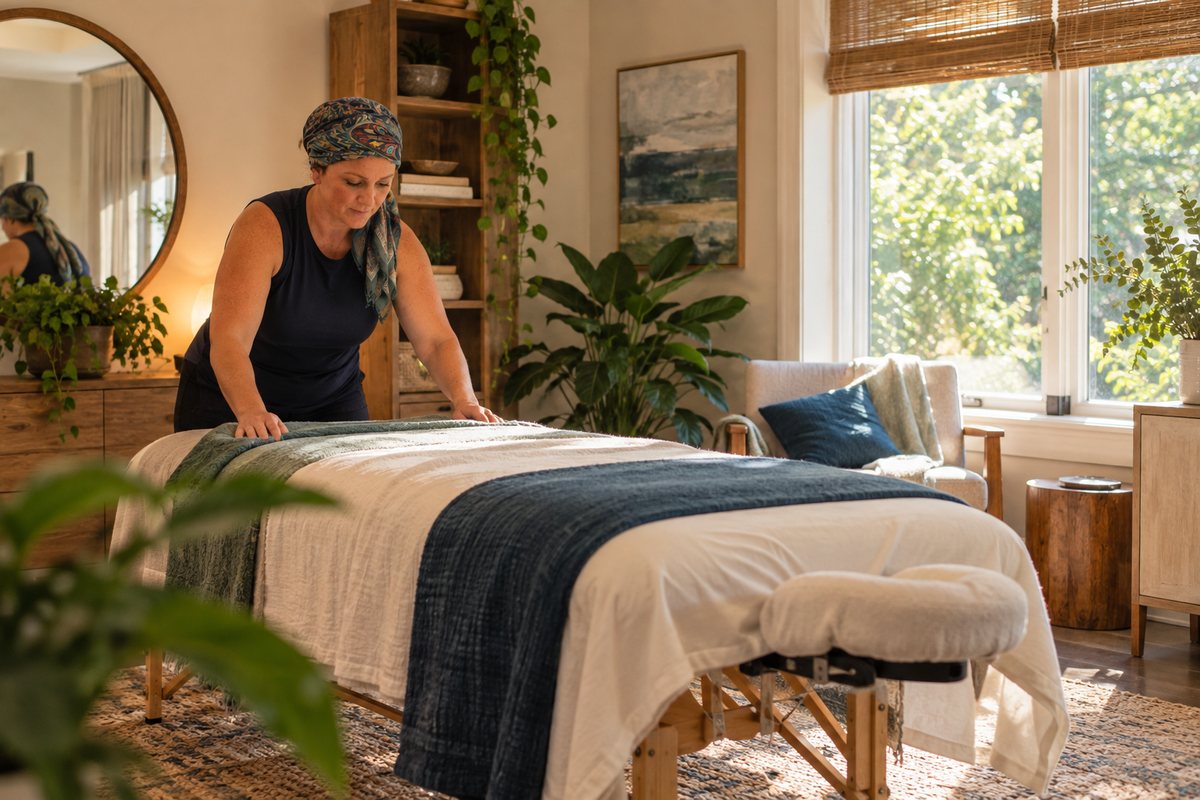 Mary preparing the treatment table in her sunlit studio