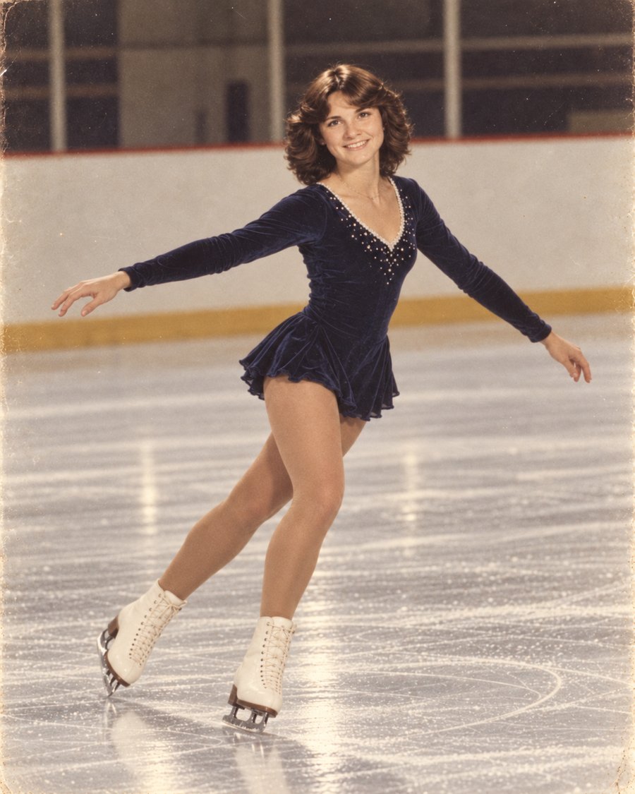 Young Mary figure skating in a navy velvet dress