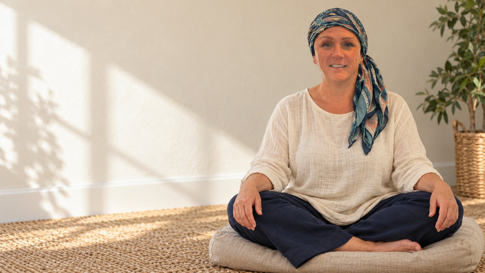 Mary McCrae seated cross-legged on a meditation cushion in a sunlit room