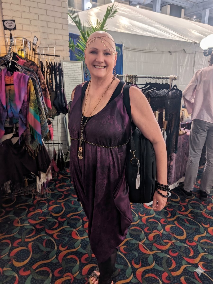 Mary smiling at a vendor market, wearing a plum dress and a gold head chain