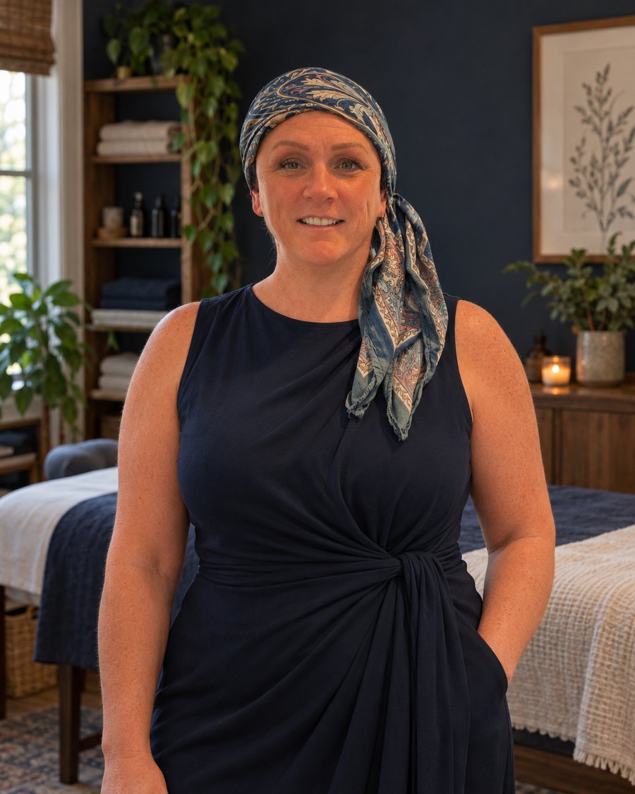Mary McCrae standing in her treatment room in a navy dress and paisley headscarf