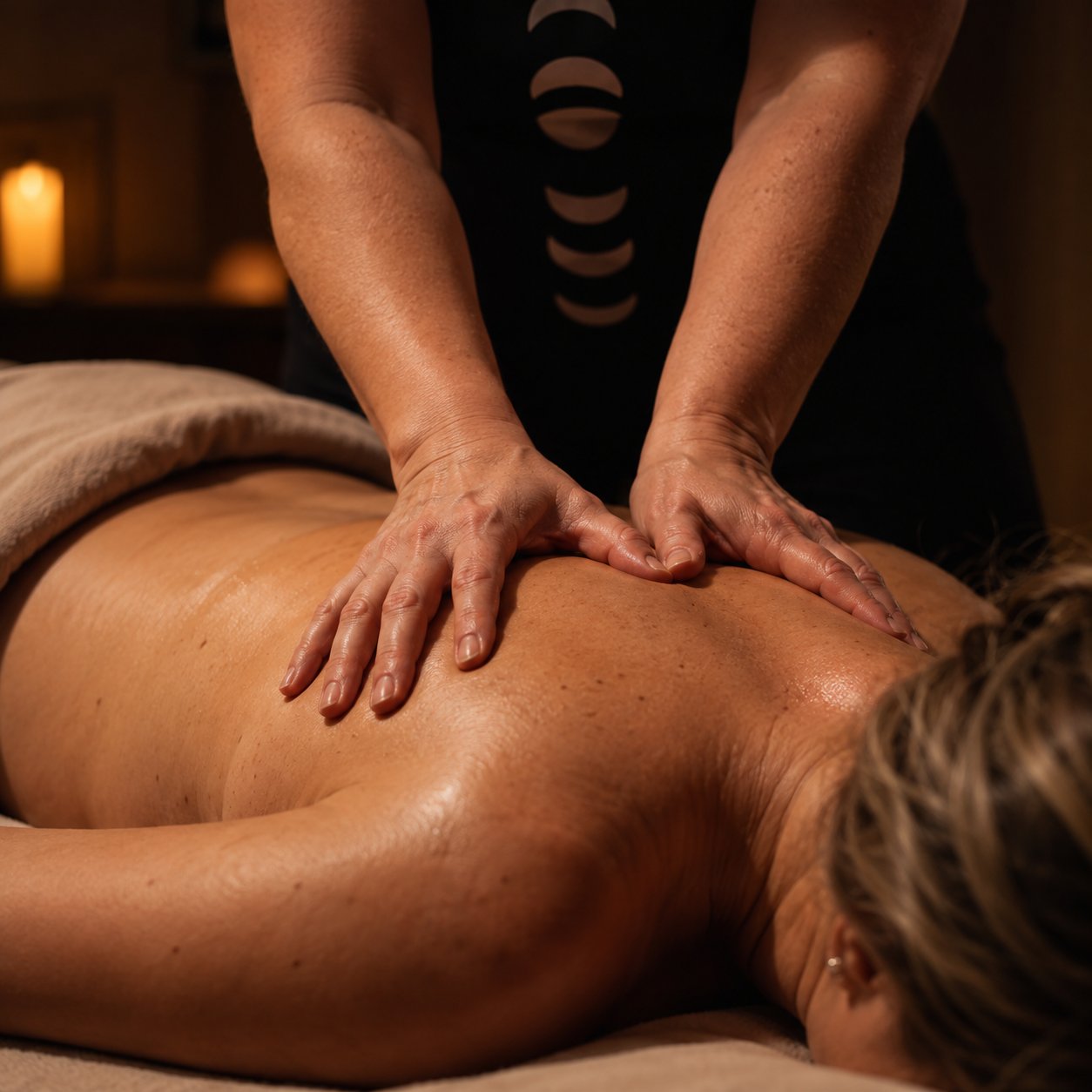 Mary’s hands working deep into a client’s upper back