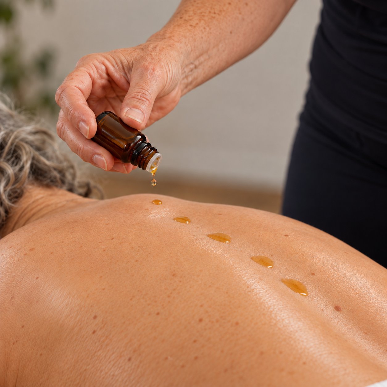 Essential oil drops being applied along a client’s spine