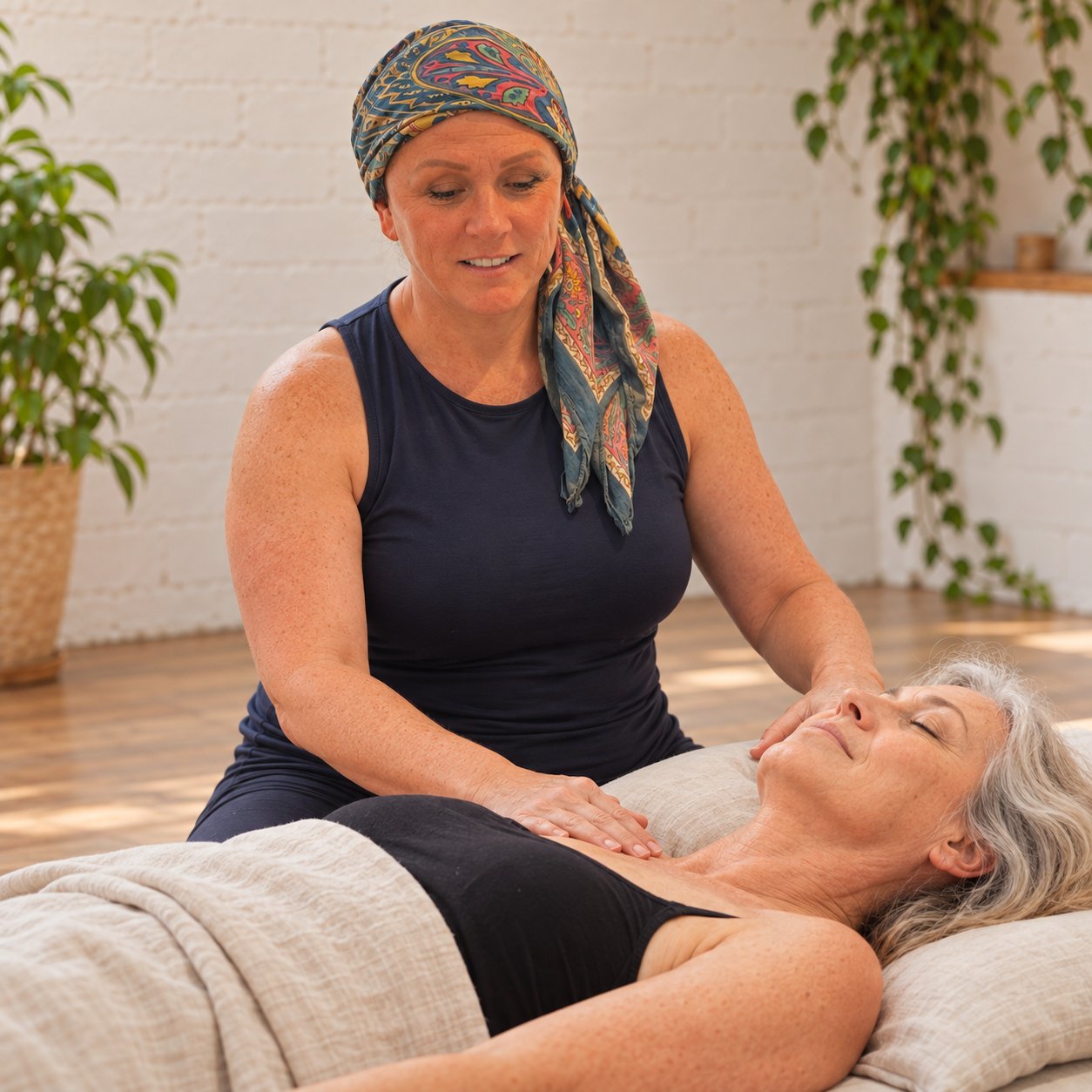 Mary using gentle, light touch across a client’s chest