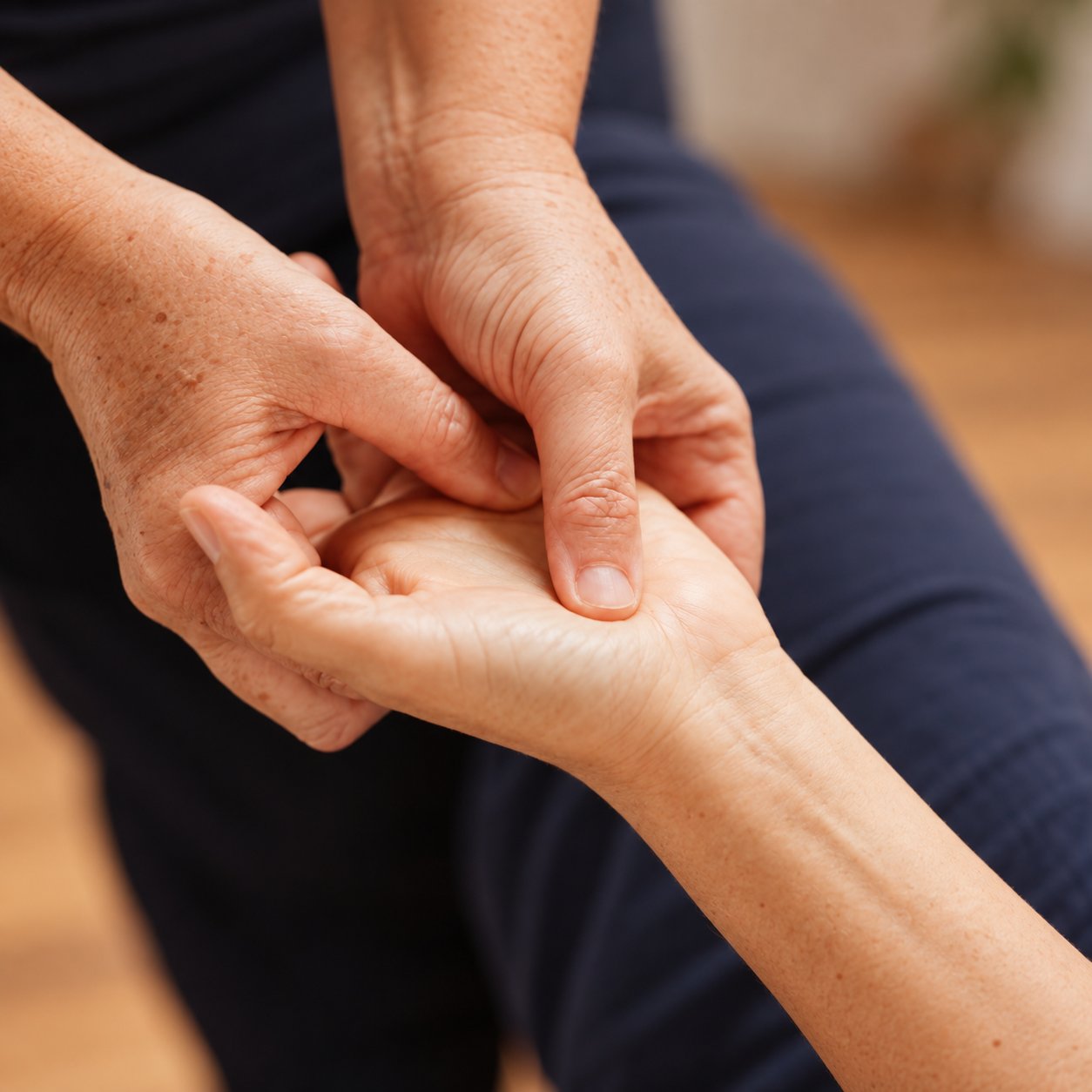 Mary’s hands pressing into the palm of a client’s hand