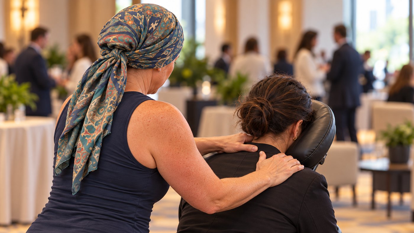 Mary giving a seated chair massage at a corporate event