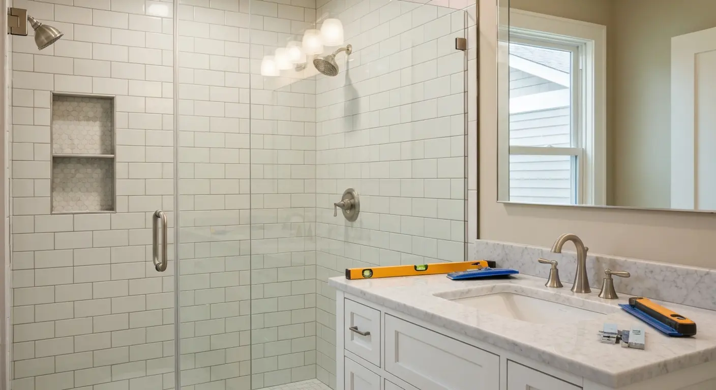 Modern bathroom with tile shower and new vanity