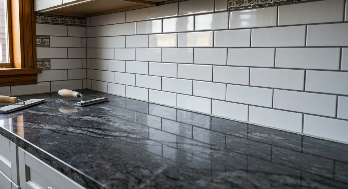Granite countertop and tile backsplash