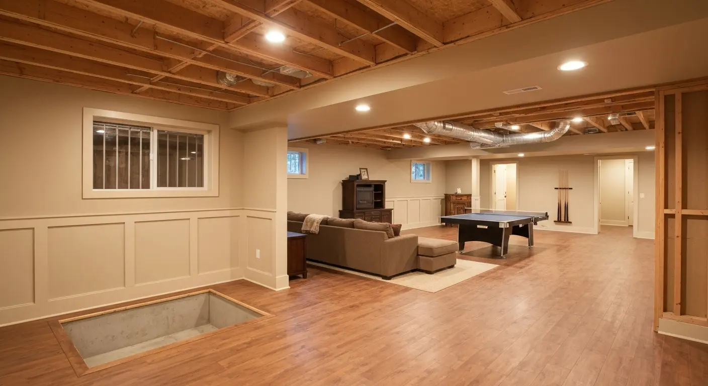 Finished basement with recreation area and soft lighting