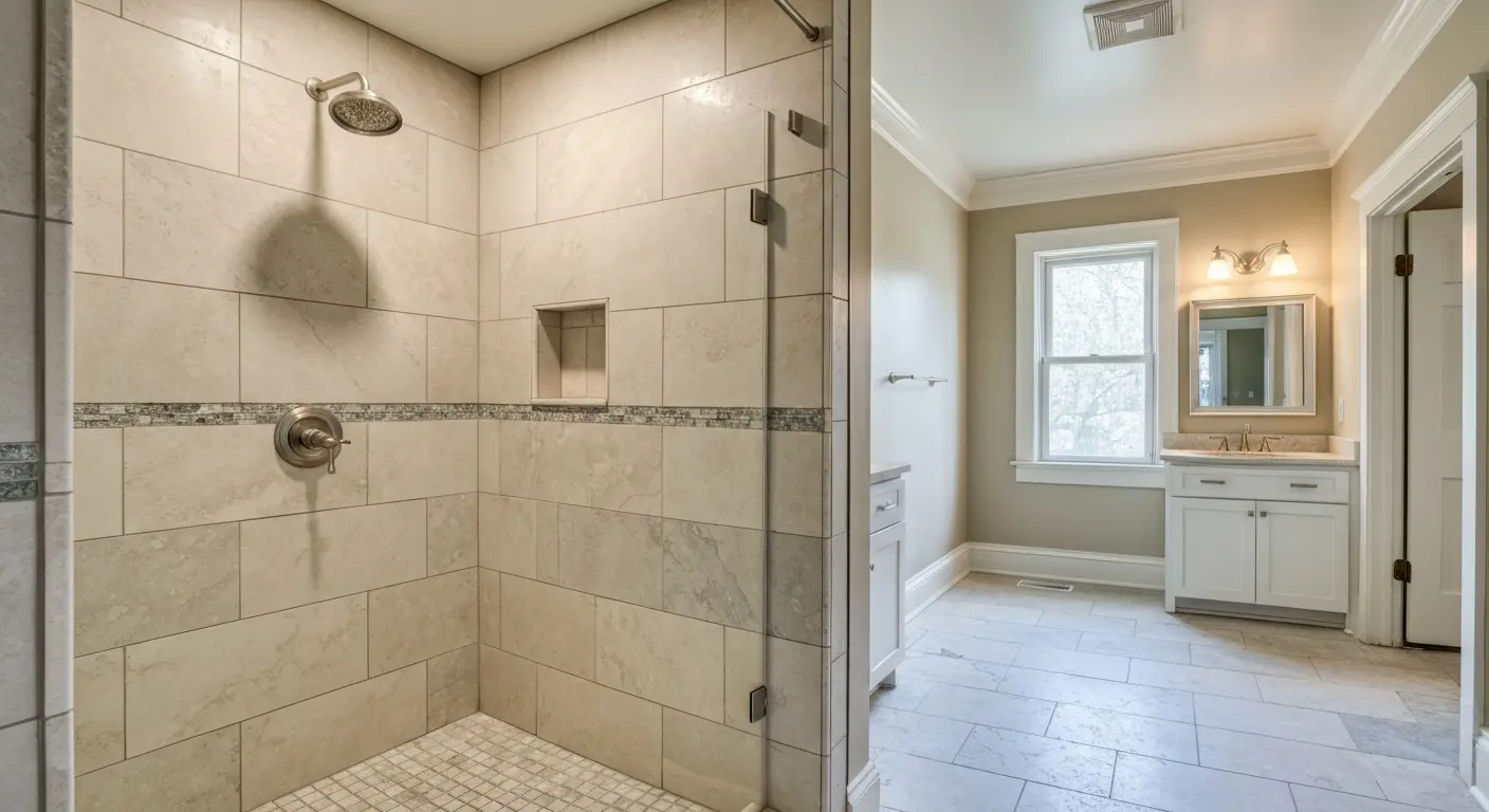 Spa-style bathroom with walk-in shower and natural stone