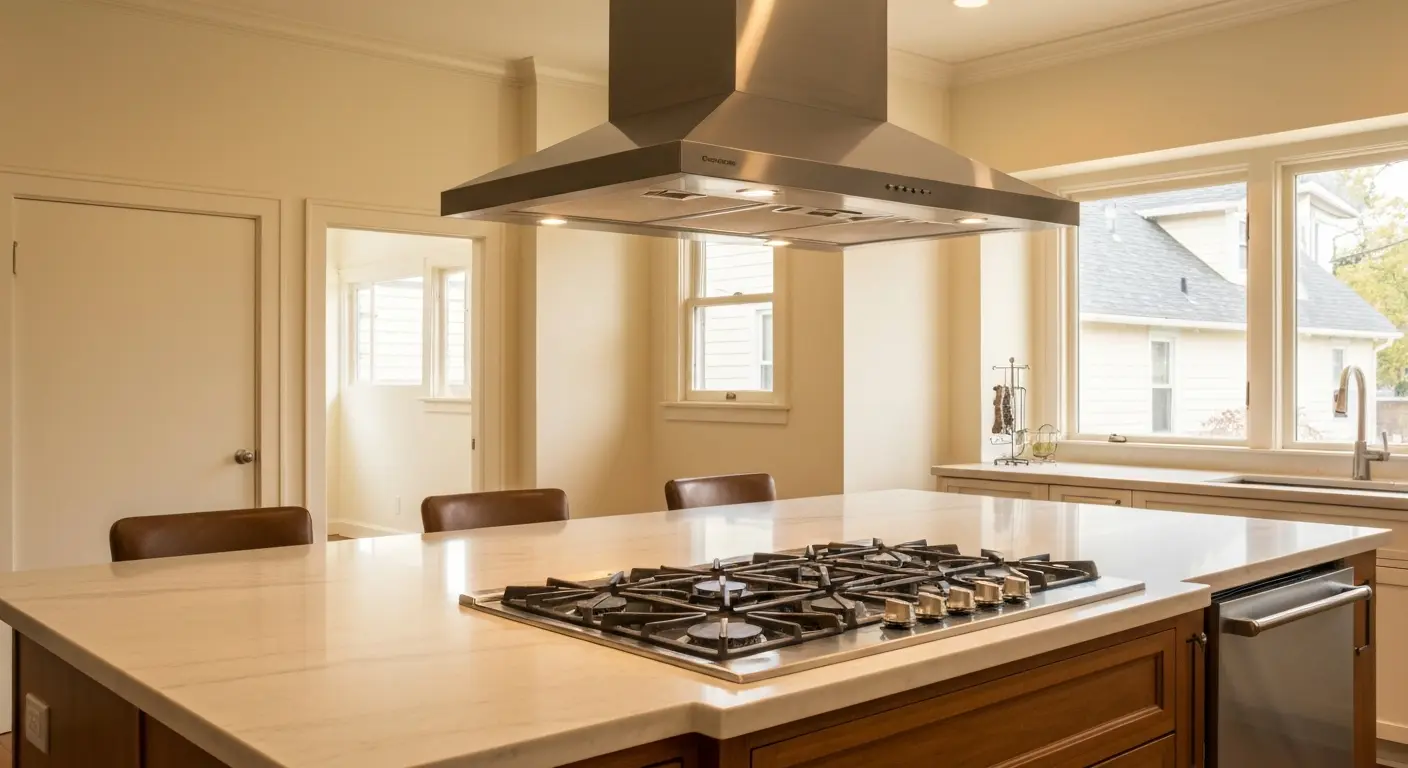 Island with cooktop and range hood