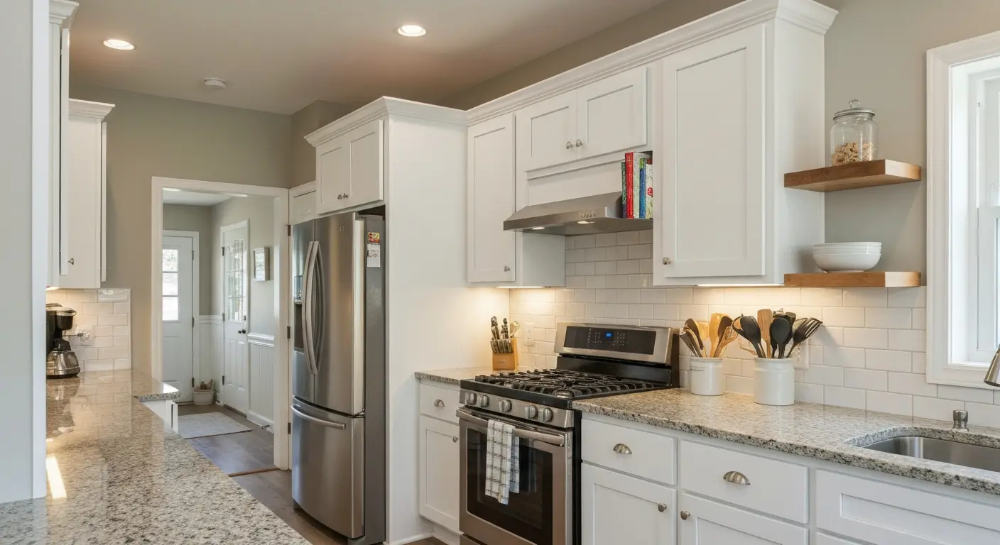 Modern kitchen with white cabinetry and granite countertops